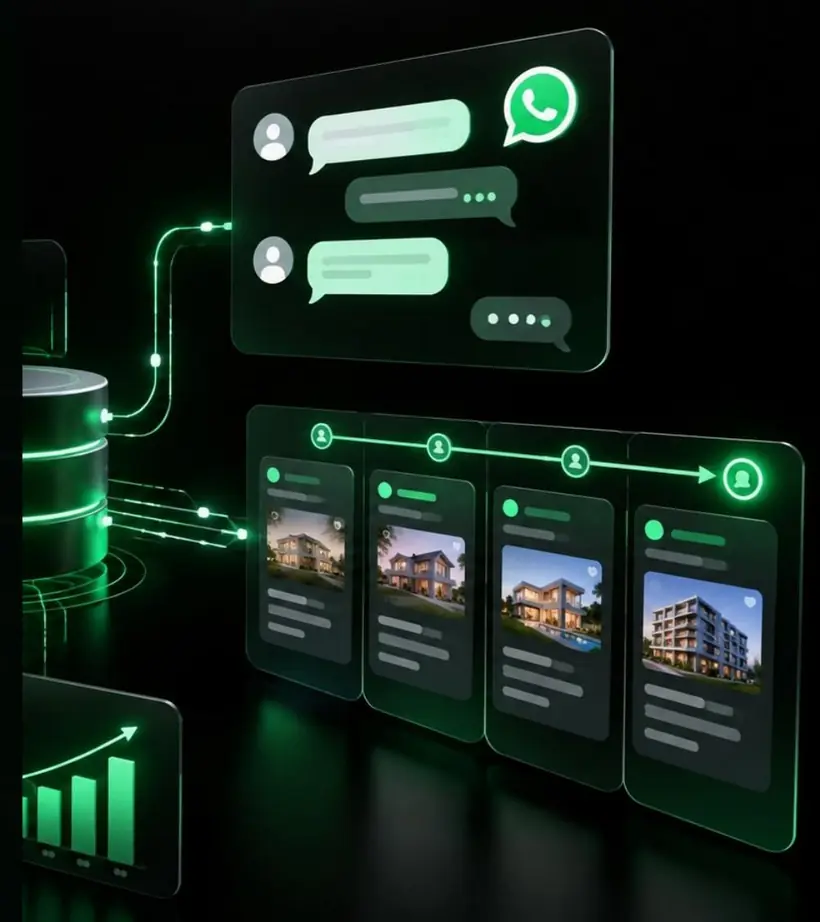 Conversa de WhatsApp conectada a uma base de dados e a fichas de imóveis recomendados